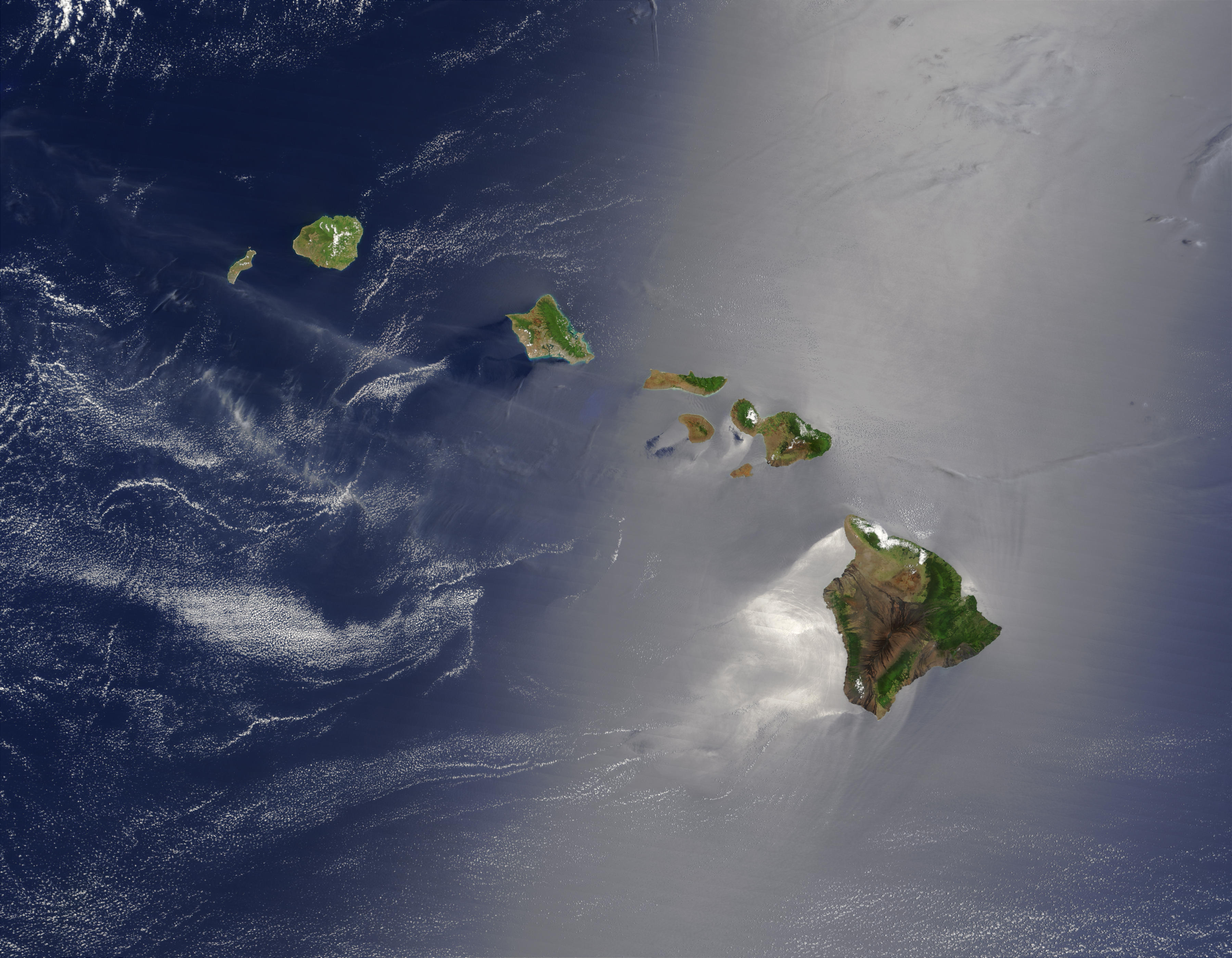 Satellite view of the Hawaiian island chain from above the Pacific Ocean