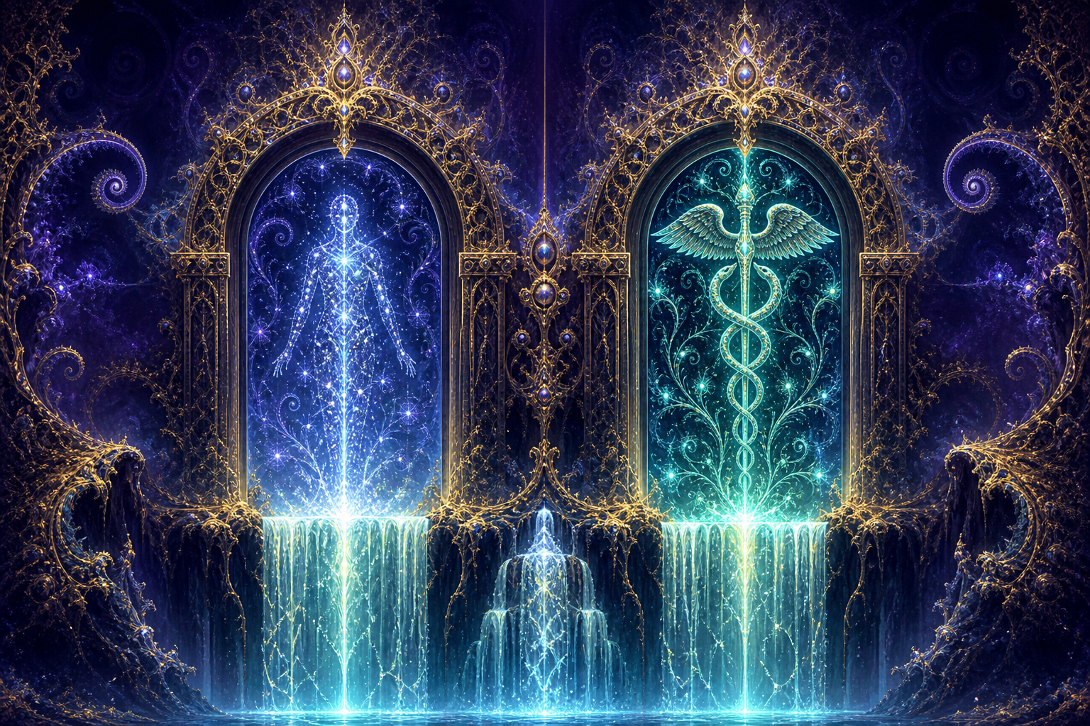 Two luminous fractal gates � real person and real medicine � both must open